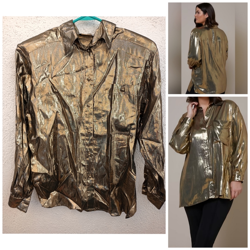 Helenè St. Marie Metallic Gold Button-Up Shirt Long Sleeve Top Festival Party